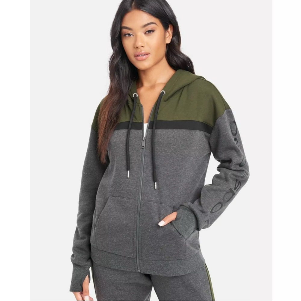 $109 Bebe Sport Gray Green Color block Hoodie Zip Up Jacket Women's Size Large